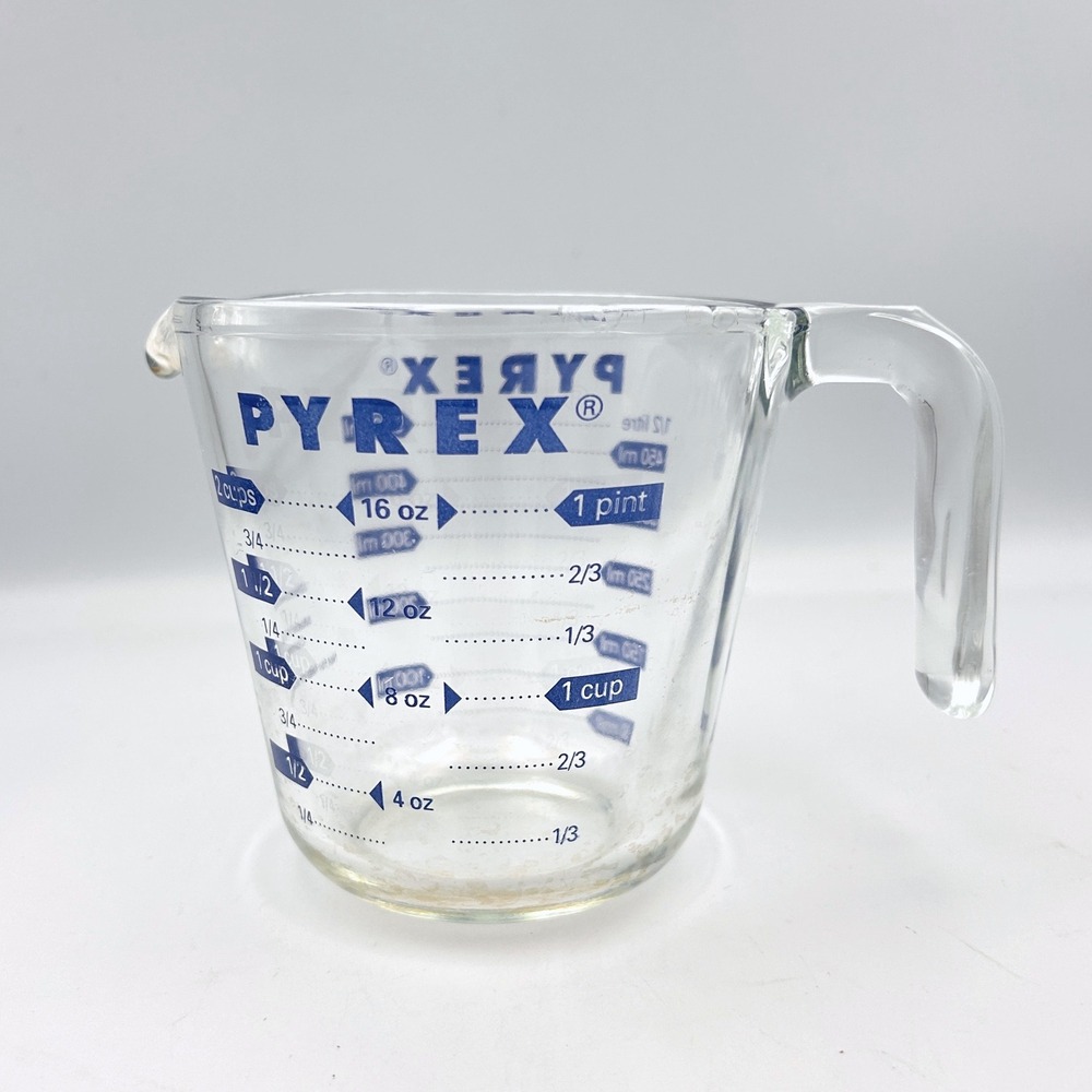 Vintage Pyrex 2 Cup Glass Measuring Cup Clear Blue Letter 1980s Corning USA